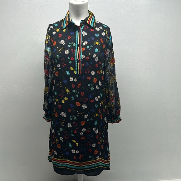 Alice & Olivia Lalita Dress Collared Blouson Botanical Ditsy Floral Black Small - Picture 5 of 10
